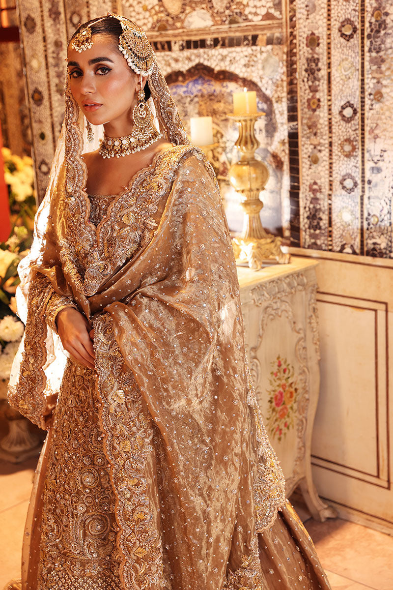 Nur-Bano Gold Tissue Bridal Lehenga – Luxury Hand Embellished Wedding Dress