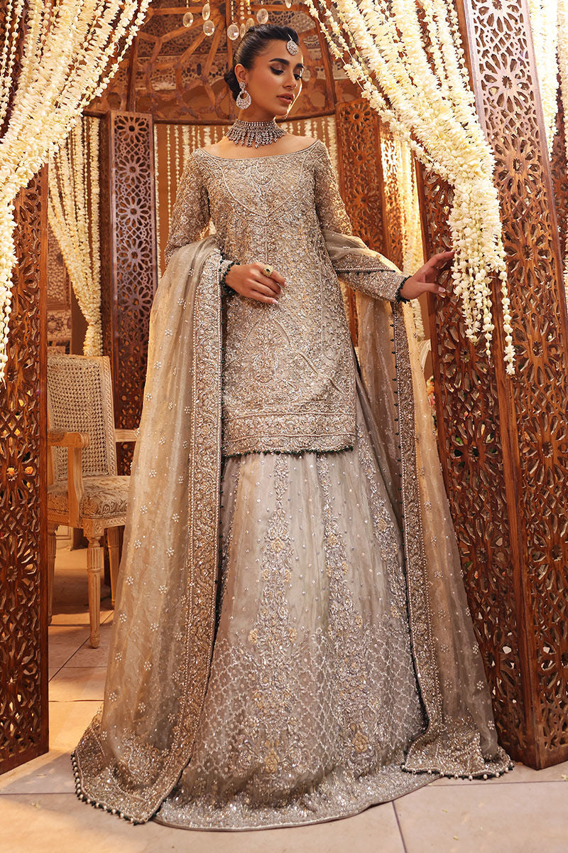 Ruhi Silver Tissue Bridal Lehenga – Luxury Hand Embellished Wedding Dress