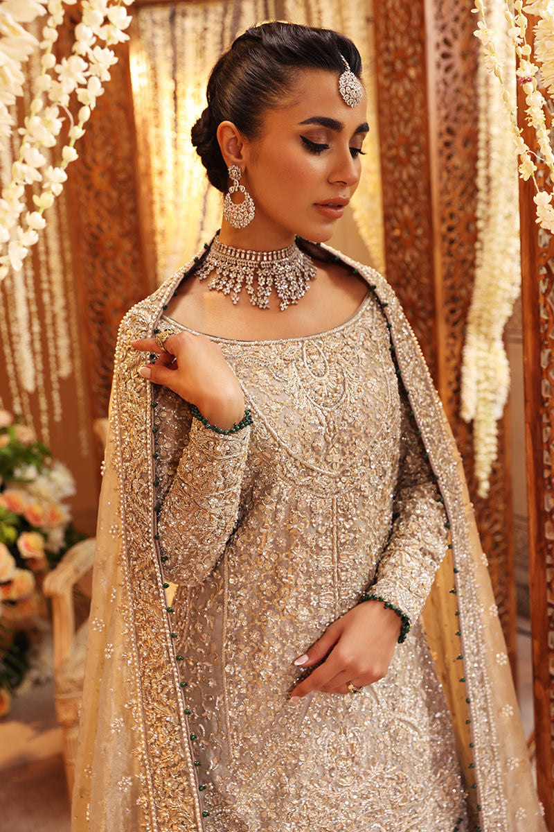 Ruhi Silver Tissue Bridal Lehenga – Luxury Hand Embellished Wedding Dress