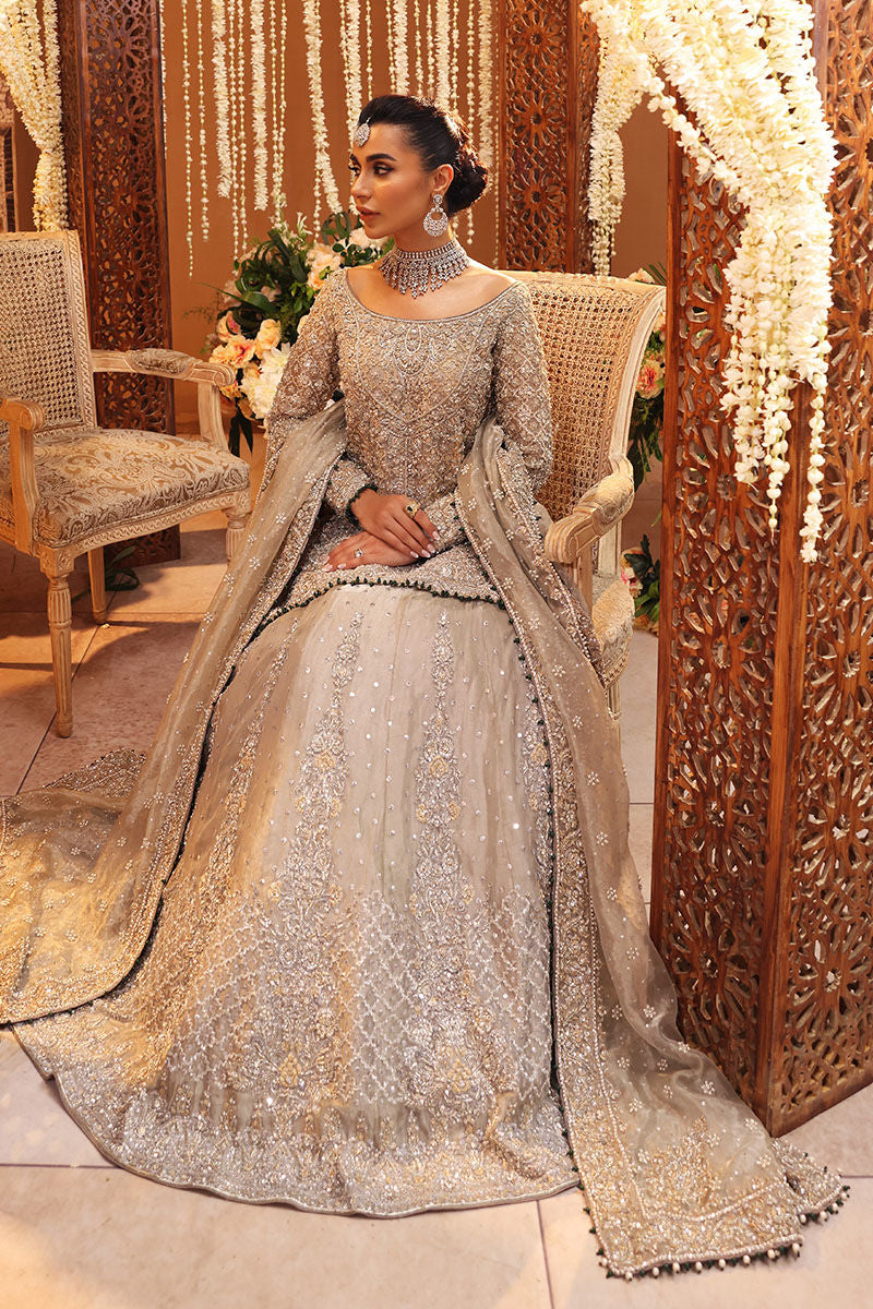 Ruhi Silver Tissue Bridal Lehenga – Luxury Hand Embellished Wedding Dress