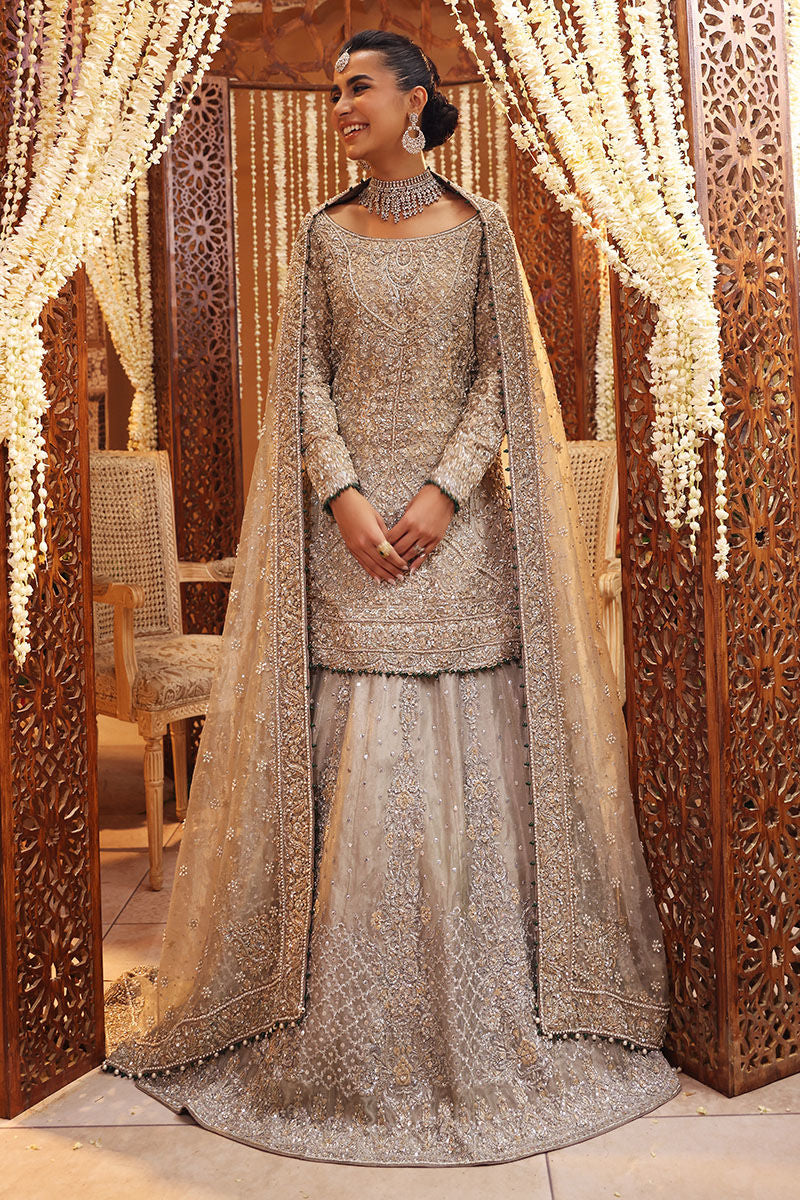 Ruhi Silver Tissue Bridal Lehenga – Luxury Hand Embellished Wedding Dress