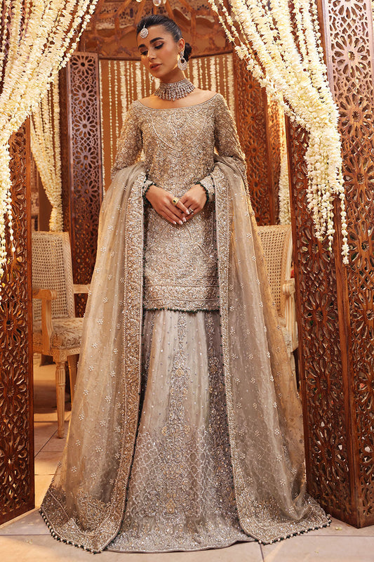 Ruhi Silver Tissue Bridal Lehenga – Luxury Hand Embellished Wedding Dress