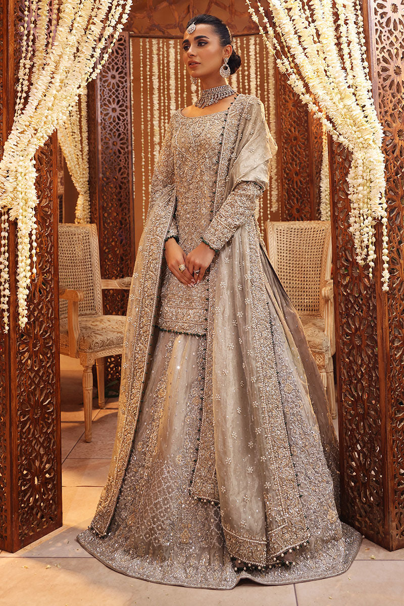 Ruhi Silver Tissue Bridal Lehenga – Luxury Hand Embellished Wedding Dress