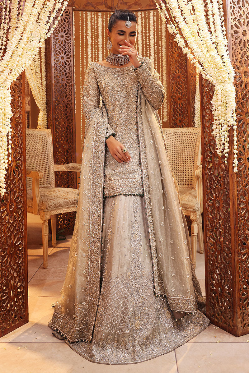 Ruhi Silver Tissue Bridal Lehenga – Luxury Hand Embellished Wedding Dress