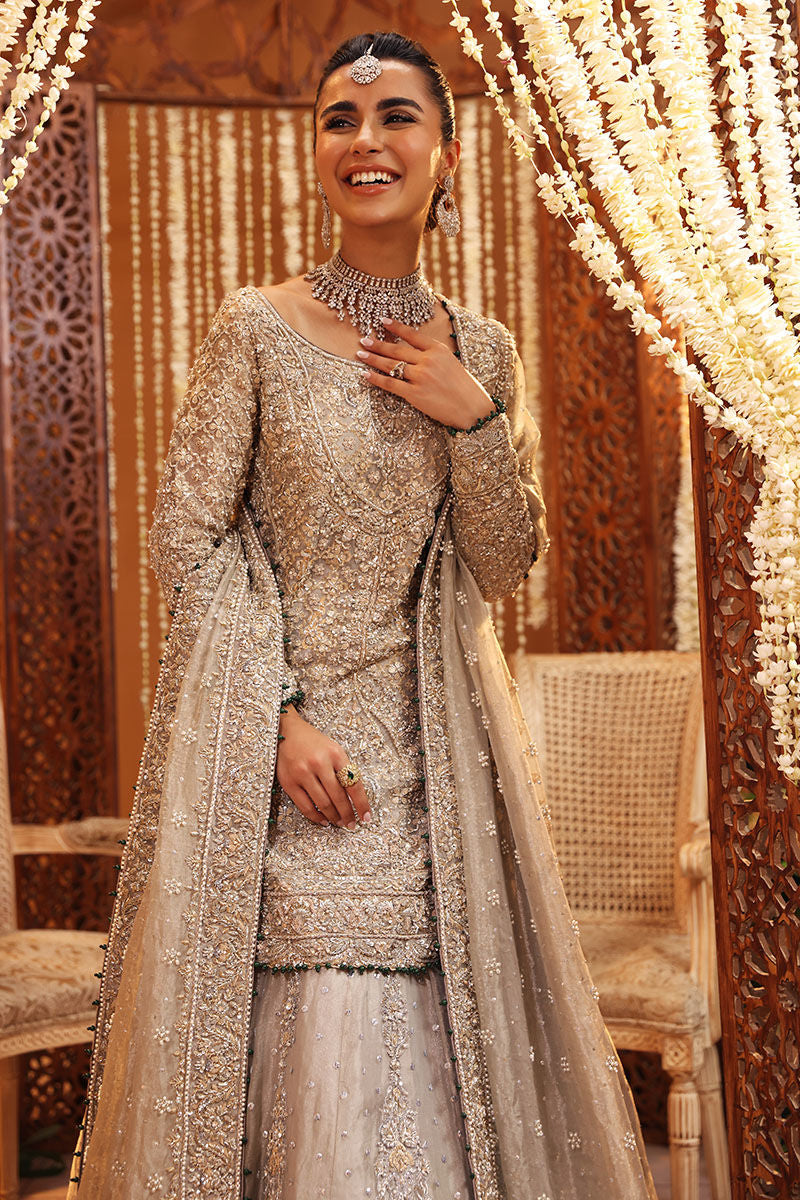 Ruhi Silver Tissue Bridal Lehenga – Luxury Hand Embellished Wedding Dress