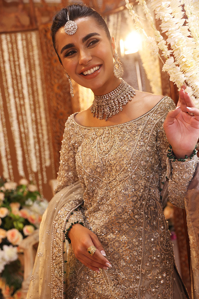 Ruhi Silver Tissue Bridal Lehenga – Luxury Hand Embellished Wedding Dress