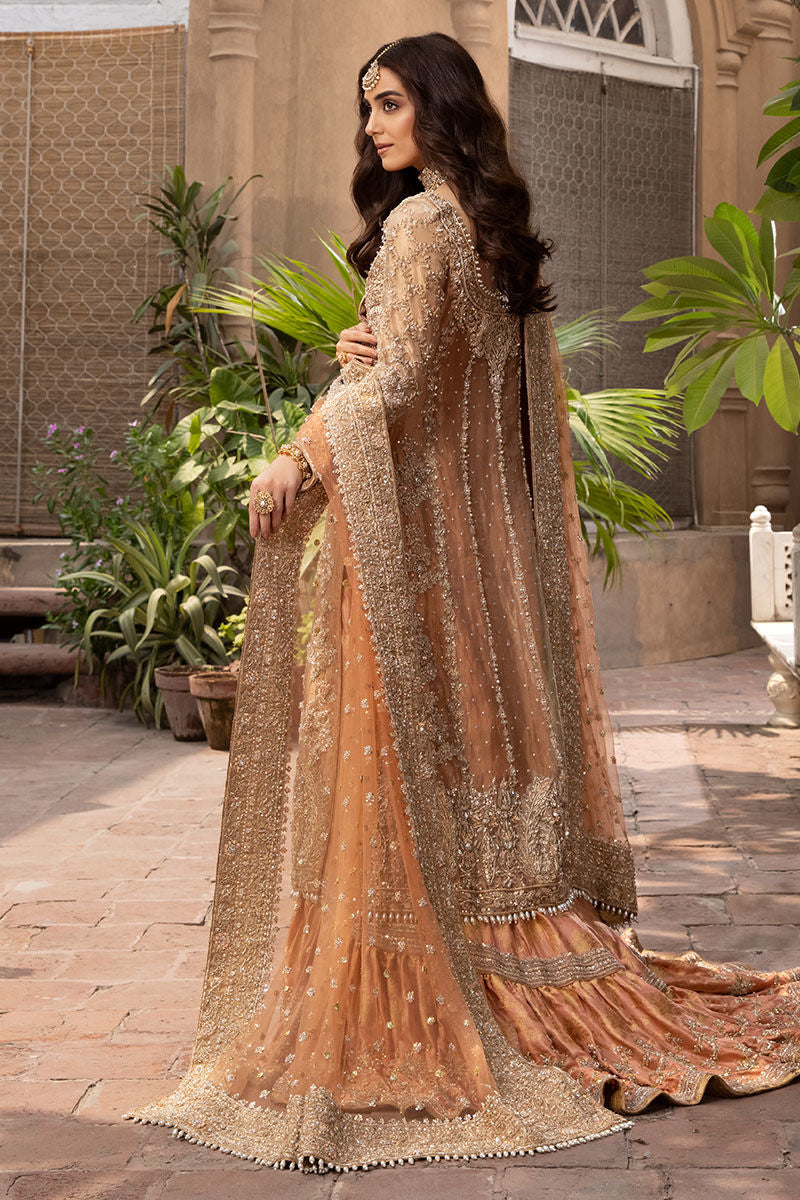 Rose Gold Tissue A-Line Shirt with Peach Jamawar Farshi Lehenga (Custom Order)