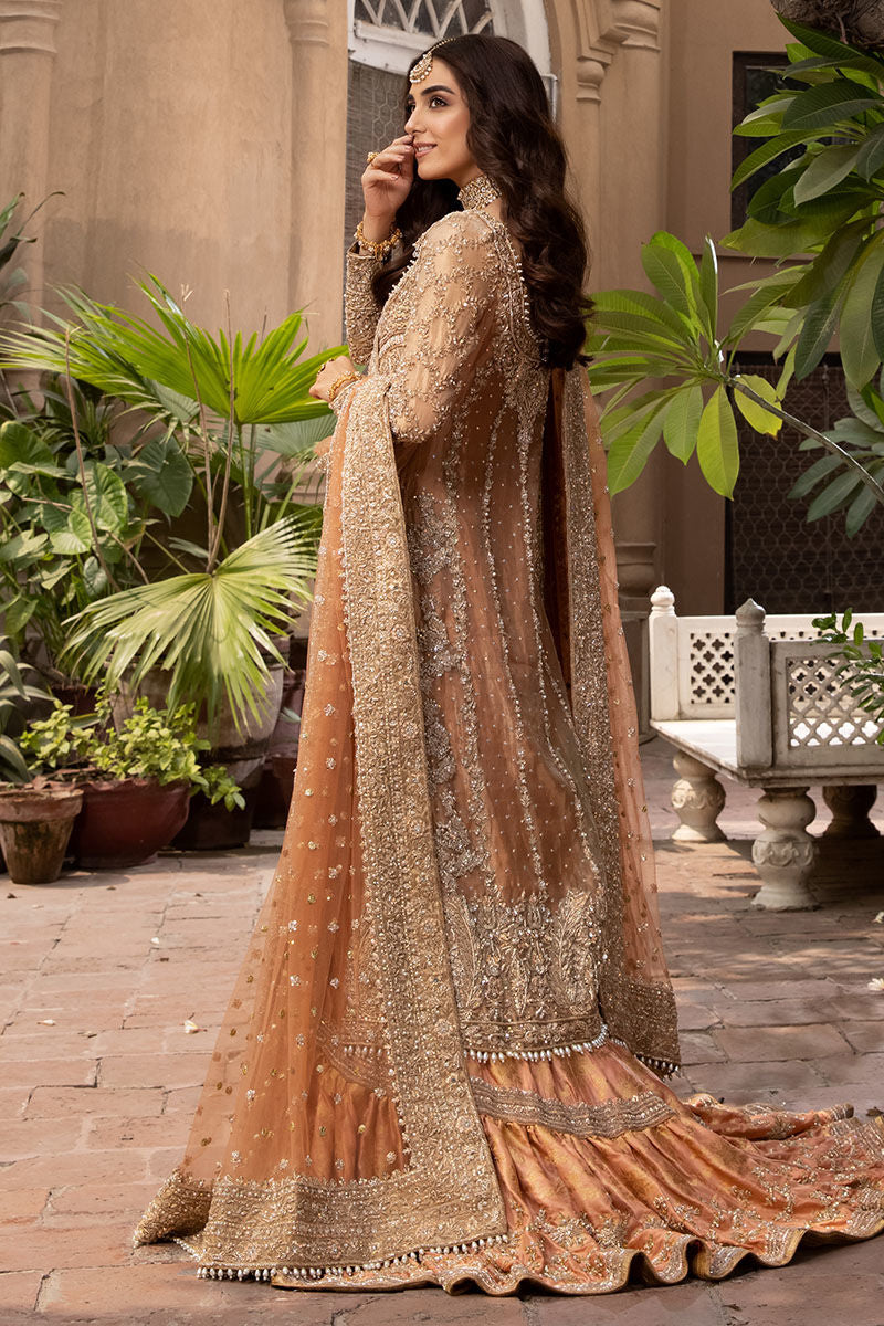 Rose Gold Tissue A-Line Shirt with Peach Jamawar Farshi Lehenga (Custom Order)