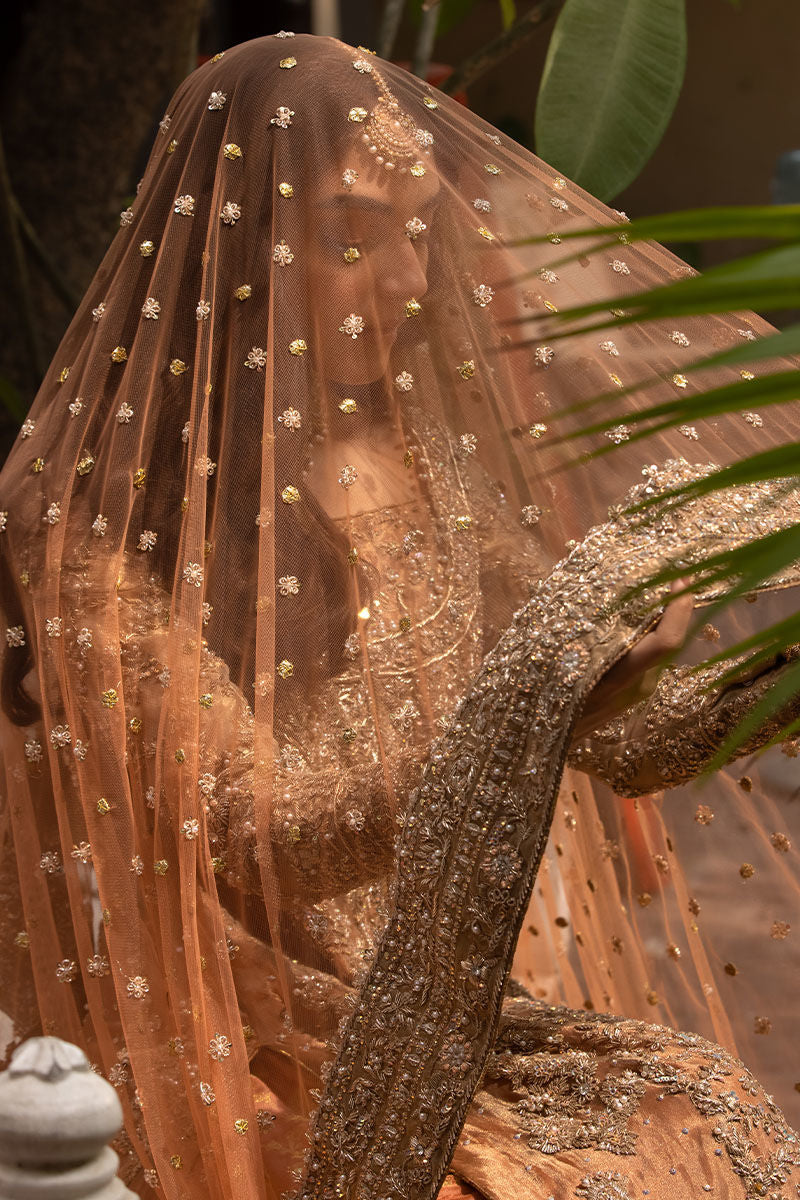 Rose Gold Tissue A-Line Shirt with Peach Jamawar Farshi Lehenga (Custom Order)