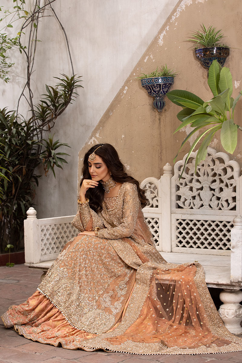 Rose Gold Tissue A-Line Shirt with Peach Jamawar Farshi Lehenga (Custom Order)