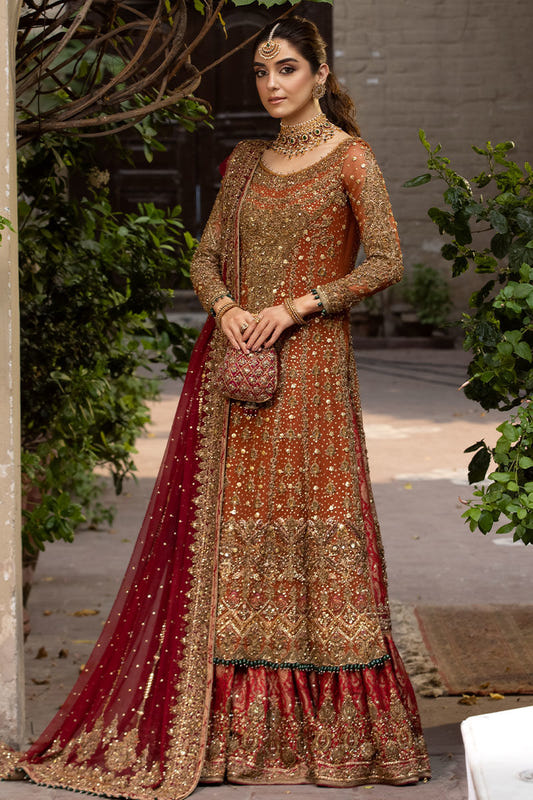 Rust Chiffon Shirt with Red Jamawar Lehenga (Custom Order) - Bridal Lehenga by Eastern Clozet