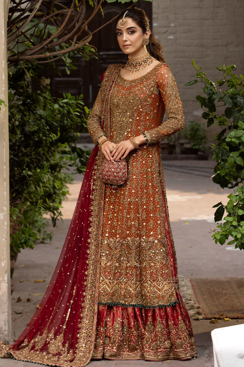 Rust Chiffon Shirt with Red Jamawar Lehenga (Custom Order)