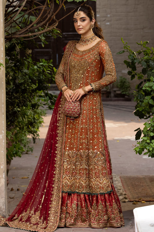 Rust Chiffon Shirt with Red Jamawar Lehenga (Custom Order)