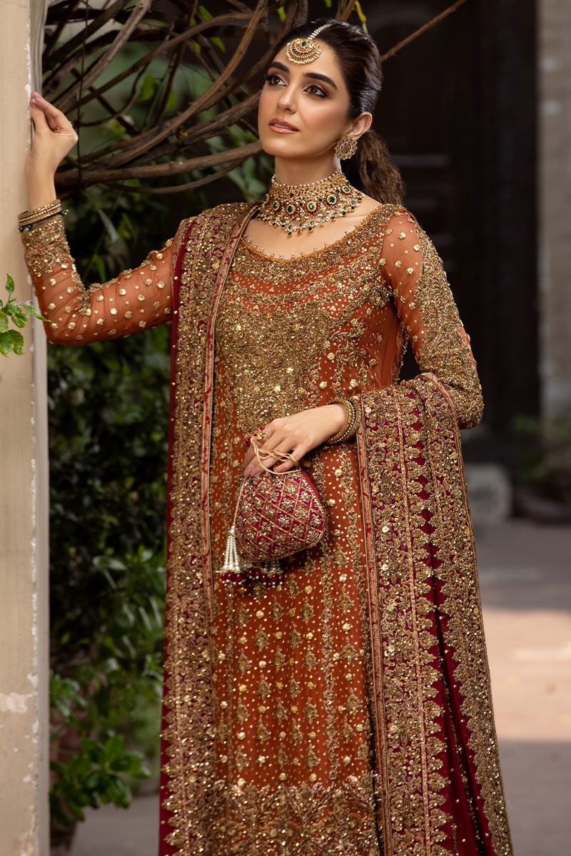 Rust Chiffon Shirt with Red Jamawar Lehenga (Custom Order)