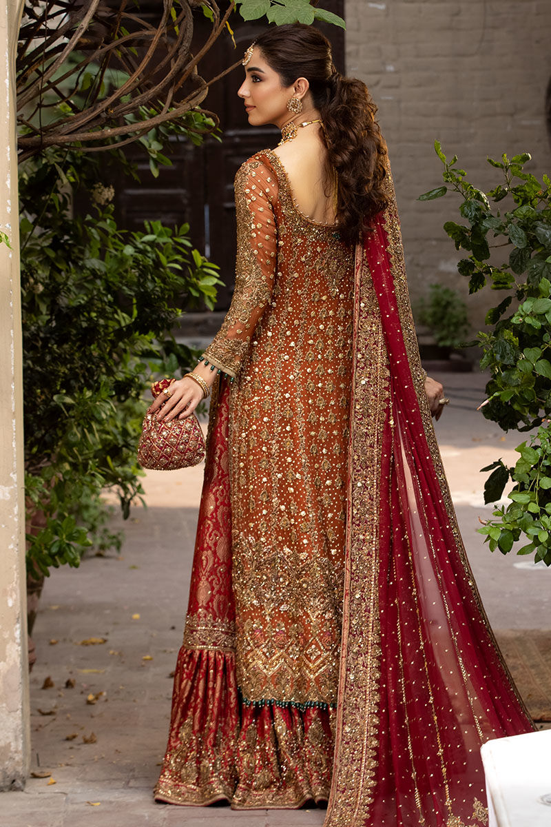 Rust Chiffon Shirt with Red Jamawar Lehenga (Custom Order)