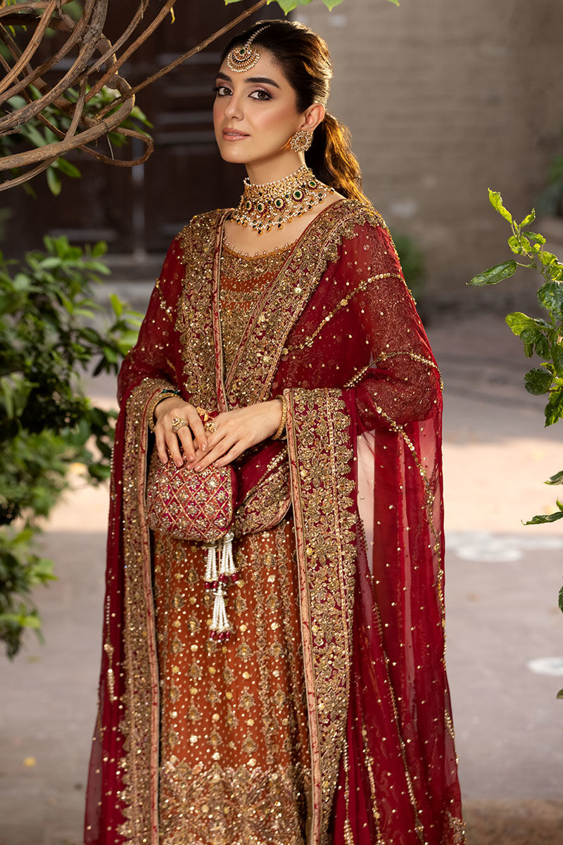 Rust Chiffon Shirt with Red Jamawar Lehenga (Custom Order)