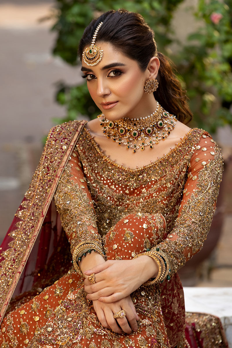 Rust Chiffon Shirt with Red Jamawar Lehenga (Custom Order)