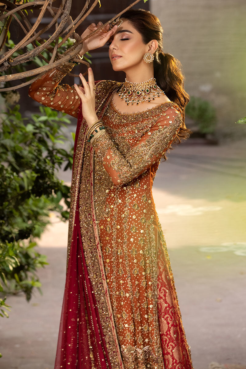 Rust Chiffon Shirt with Red Jamawar Lehenga (Custom Order)