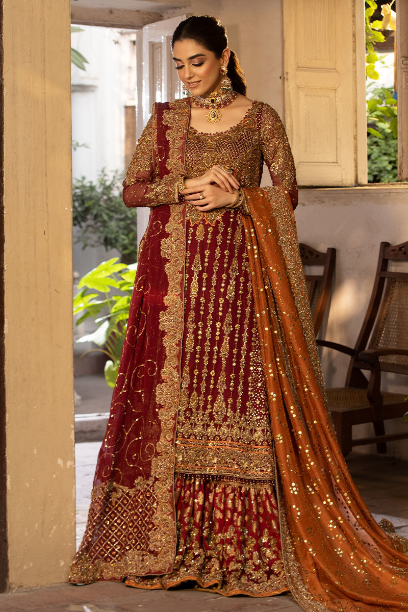 Maroon Chiffon A-Line Shirt with Farshi Jamawar Lehenga (Custom Order)