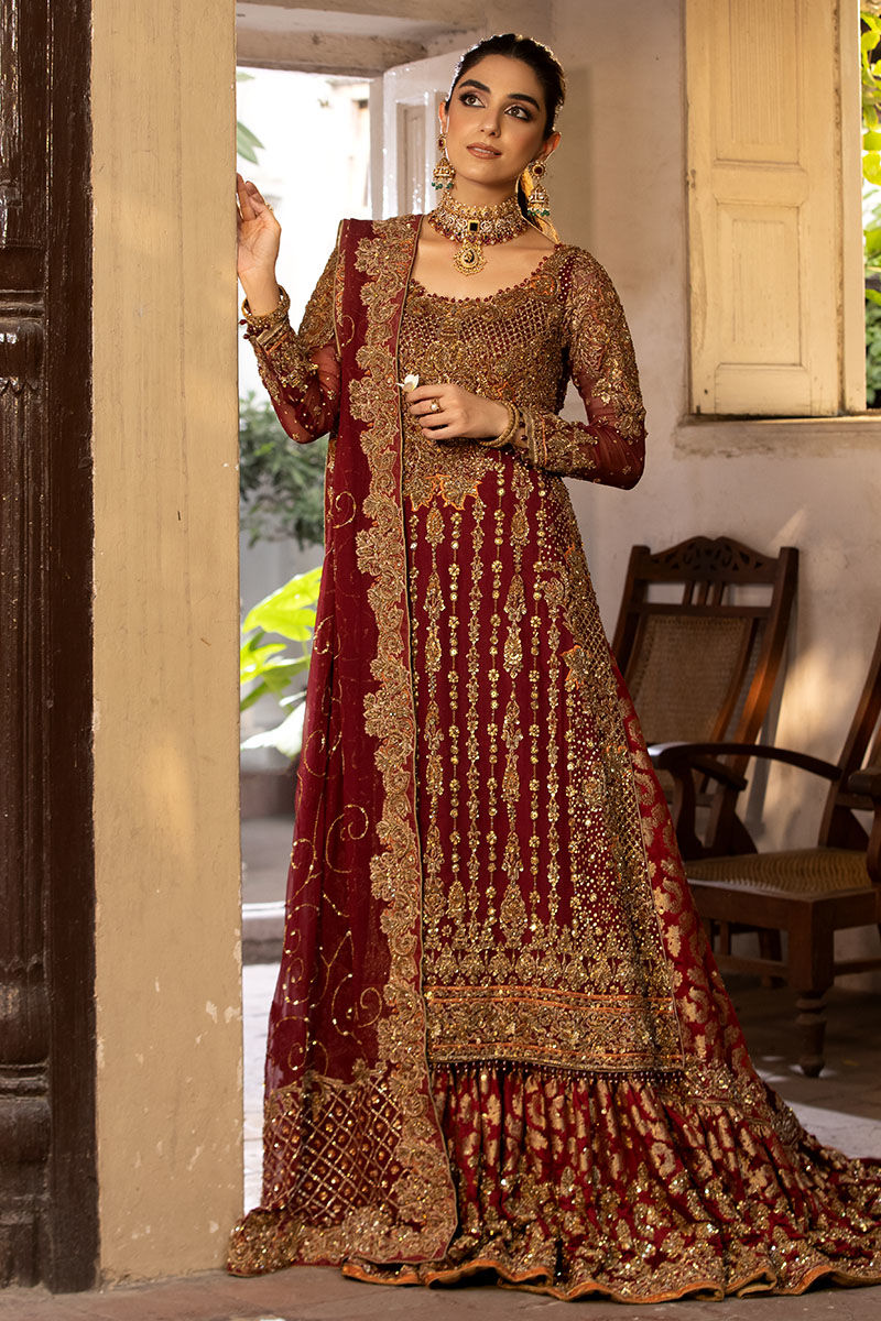 Maroon Chiffon A-Line Shirt with Farshi Jamawar Lehenga (Custom Order)