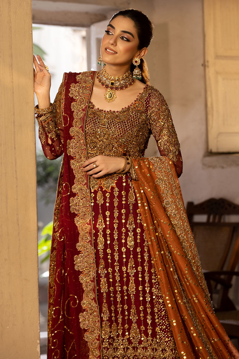 Maroon Chiffon A-Line Shirt with Farshi Jamawar Lehenga (Custom Order)