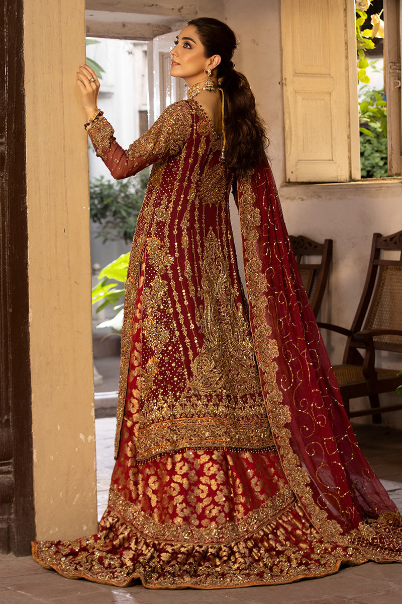 Maroon Chiffon A-Line Shirt with Farshi Jamawar Lehenga (Custom Order)