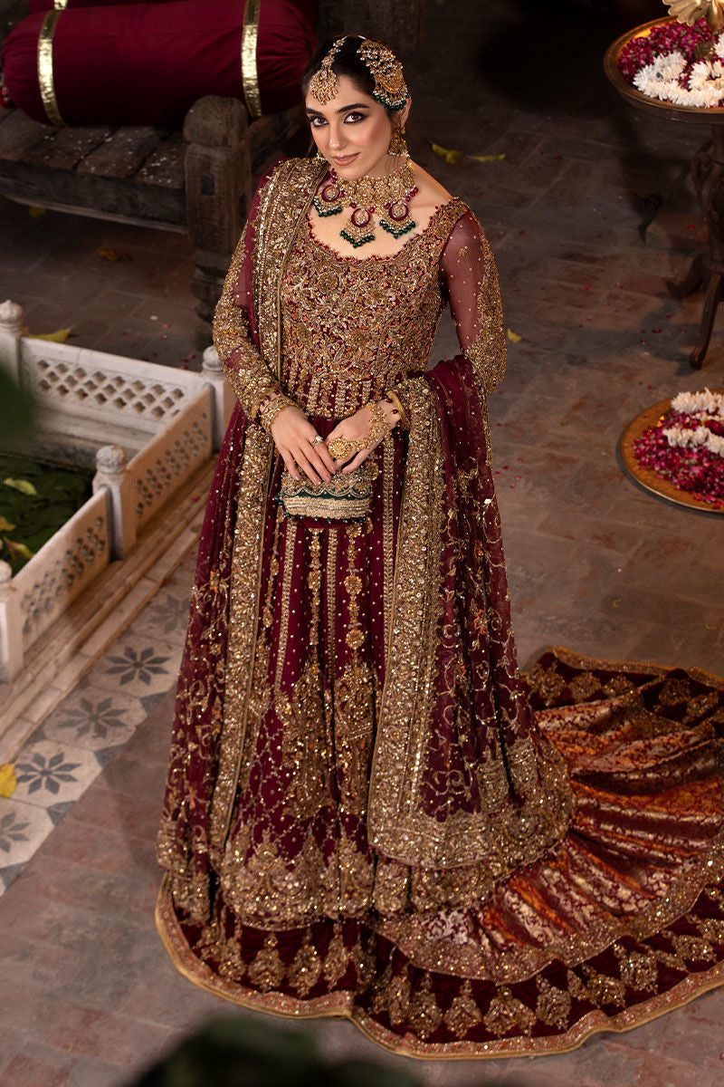 Zeenat – Maroon Chiffon Gown with Jamawar Lehenga (Custom Order)