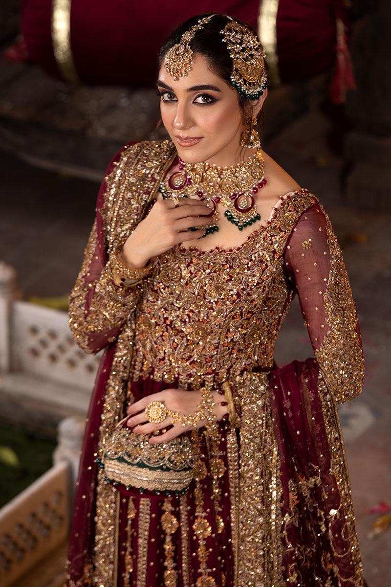 Zeenat – Maroon Chiffon Gown with Jamawar Lehenga (Custom Order)
