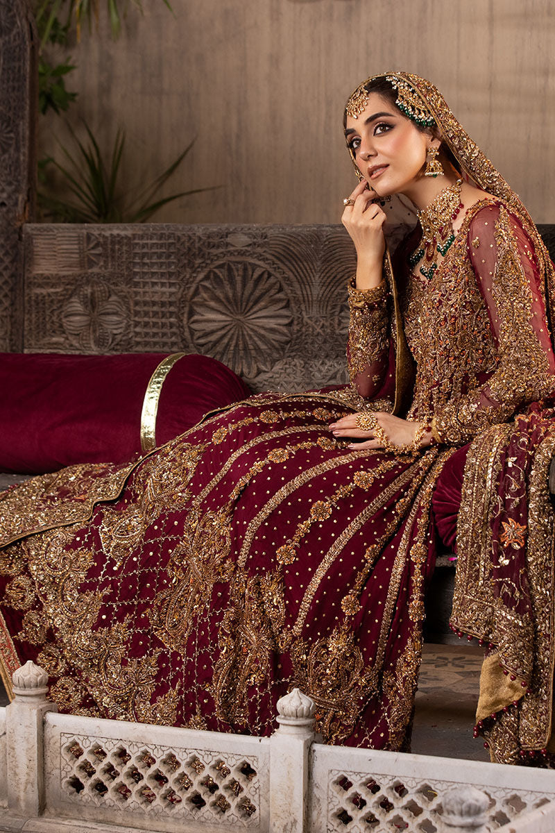 Zeenat – Maroon Chiffon Gown with Jamawar Lehenga (Custom Order)