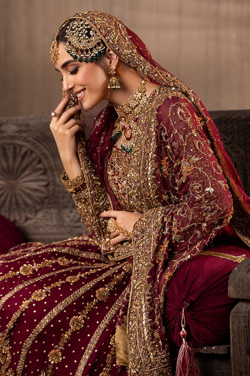 Zeenat – Maroon Chiffon Gown with Jamawar Lehenga (Custom Order)