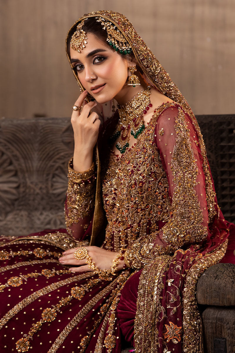 Zeenat – Maroon Chiffon Gown with Jamawar Lehenga (Custom Order)