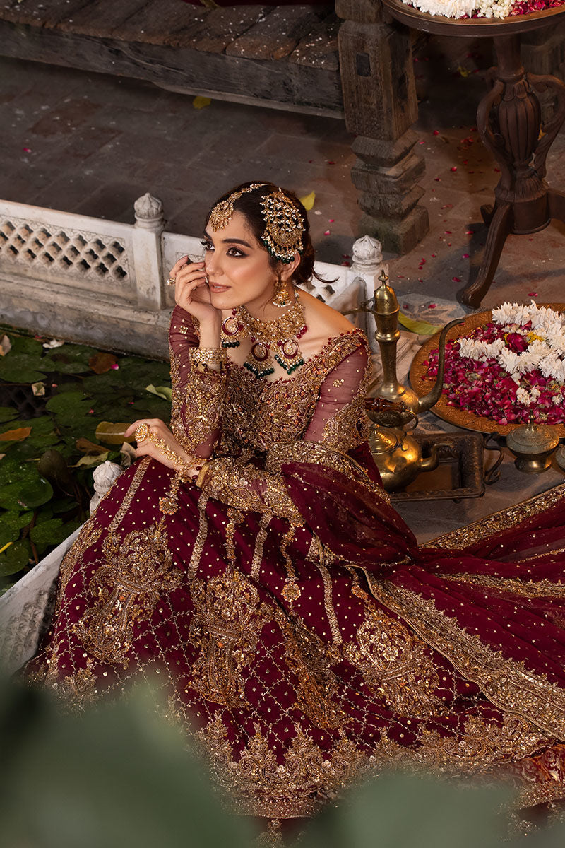 Zeenat – Maroon Chiffon Gown with Jamawar Lehenga (Custom Order)