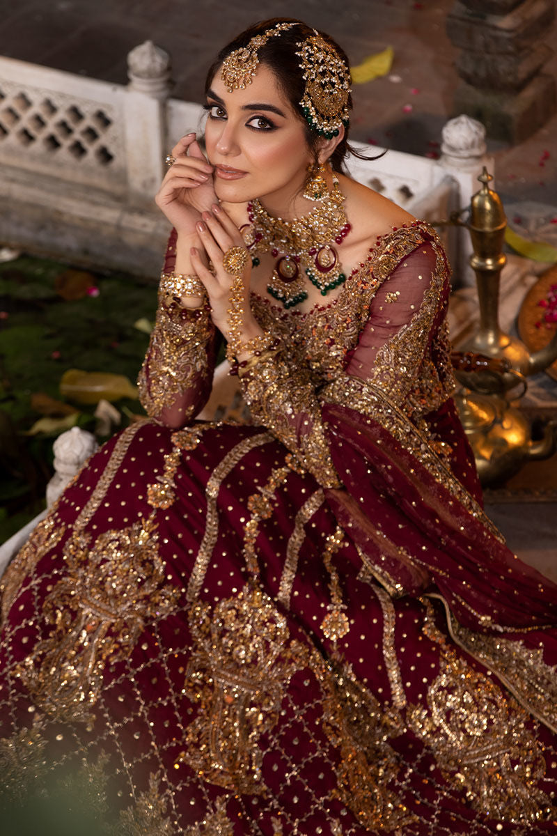 Zeenat – Maroon Chiffon Gown with Jamawar Lehenga (Custom Order)