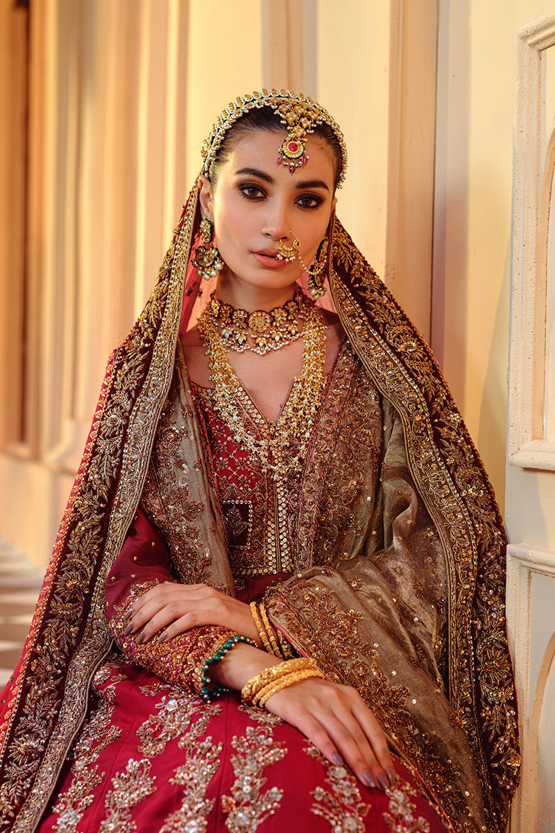 Mehrmah – Deep Red Raw Silk Pishwas with Lehenga (Custom Order)