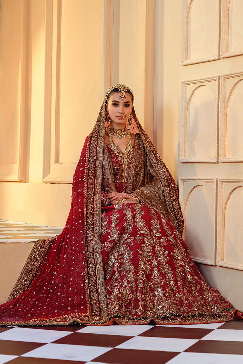 Mehrmah – Deep Red Raw Silk Pishwas with Lehenga (Custom Order)