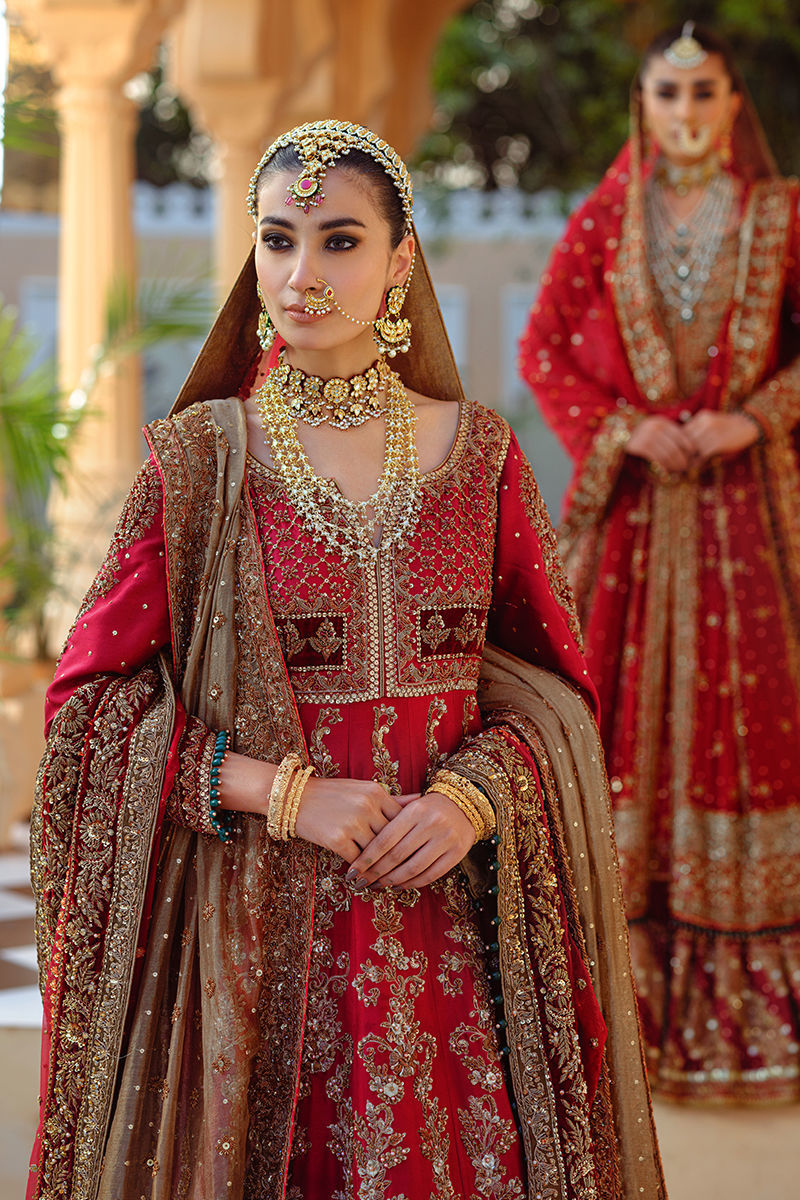 Mehrmah – Deep Red Raw Silk Pishwas with Lehenga (Custom Order)