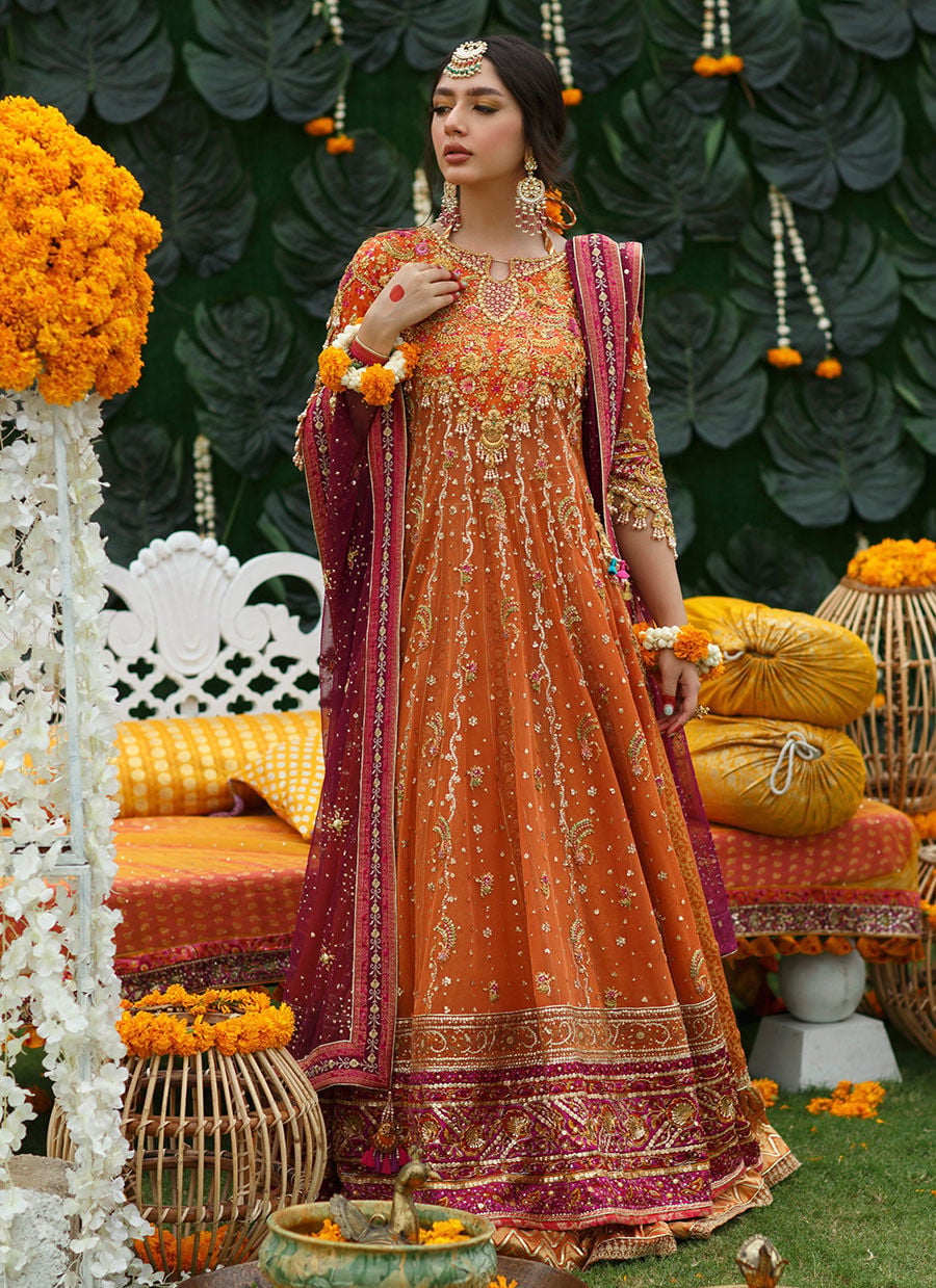 Burnt Orange Bridal Kalidaar Lehenga with Magenta Dupatta – Wedding Dress