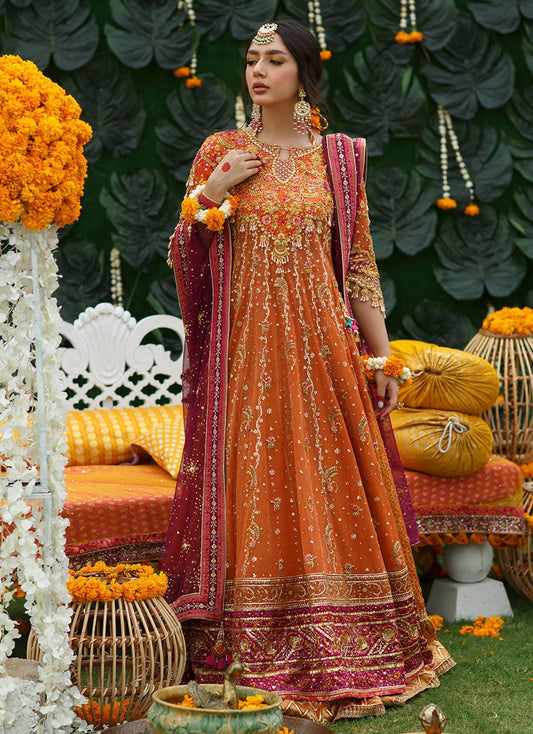 Burnt Orange Bridal Kalidaar Lehenga with Magenta Dupatta – Wedding Dress