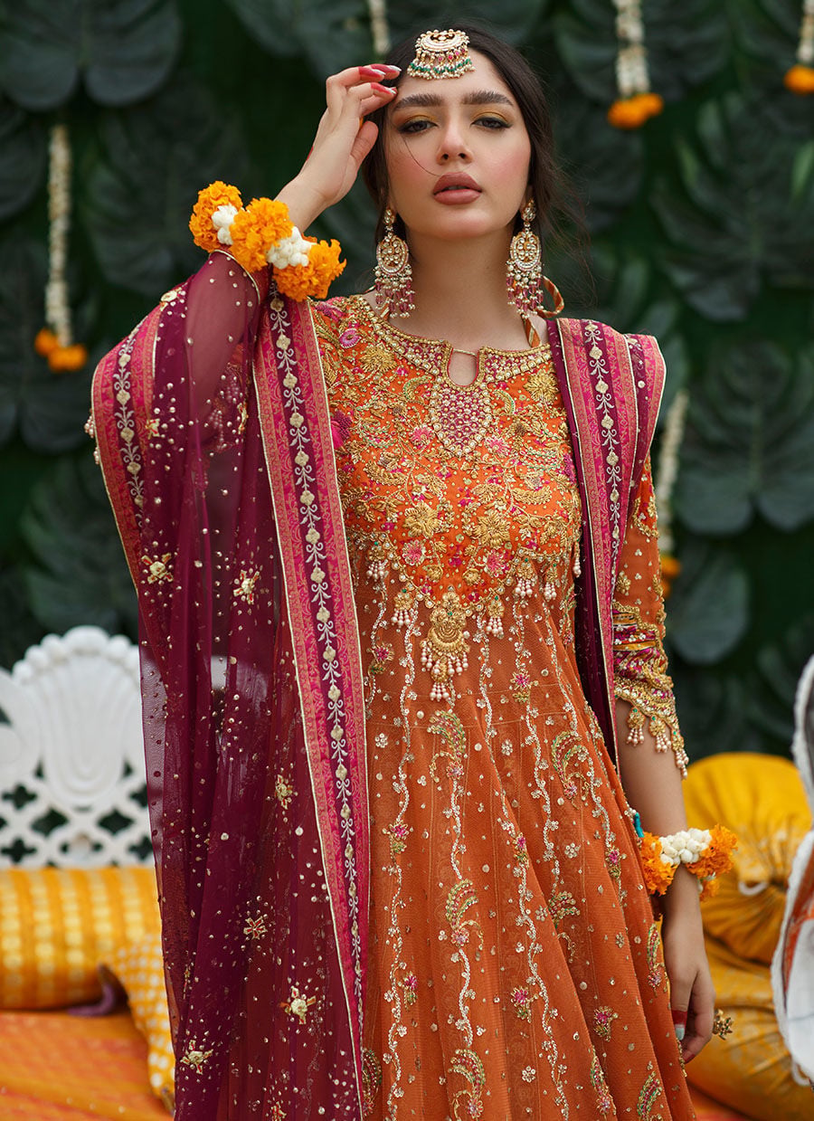 Burnt Orange Bridal Kalidaar Lehenga with Magenta Dupatta – Wedding Dress