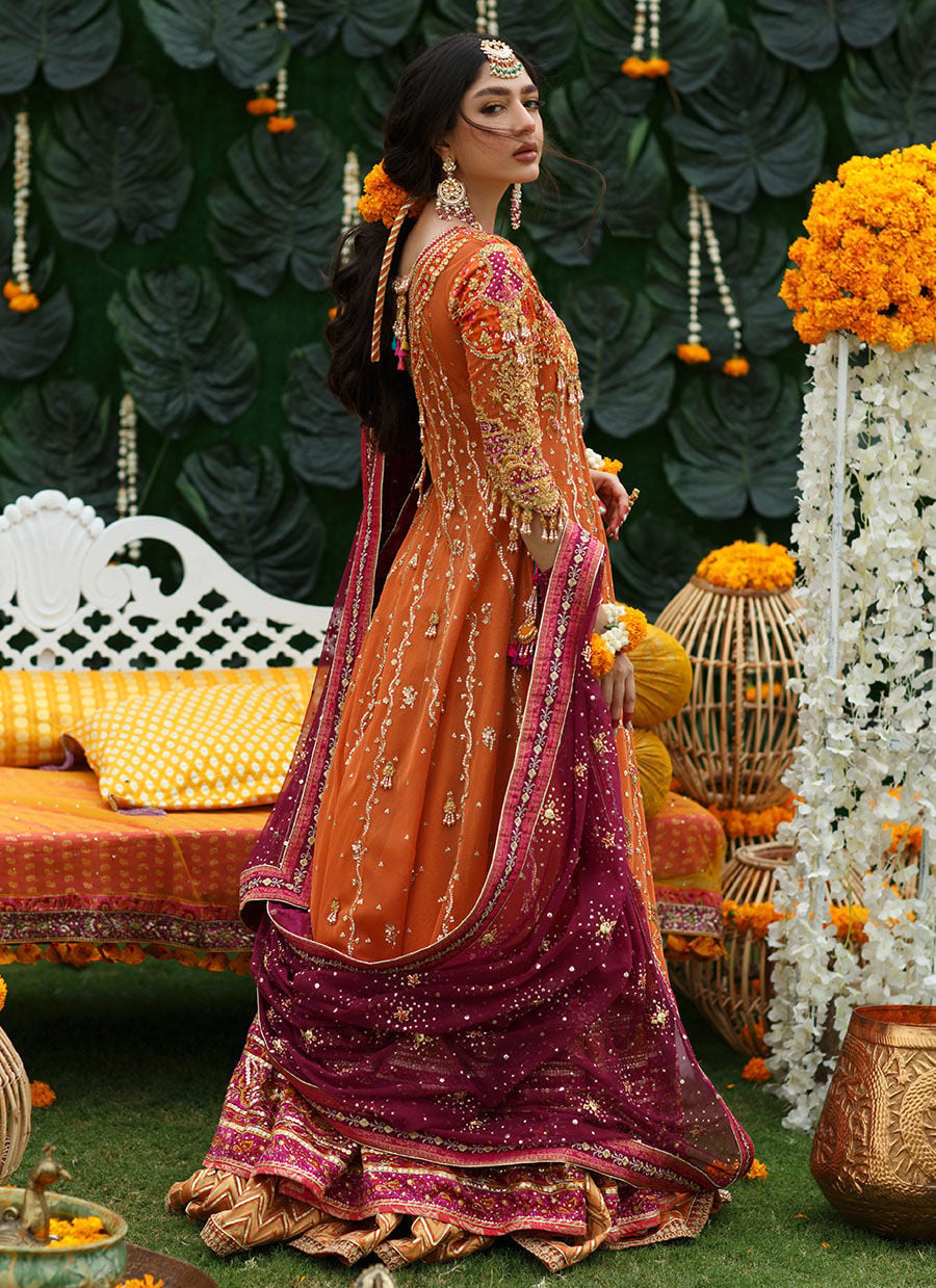 Burnt Orange Bridal Kalidaar Lehenga with Magenta Dupatta – Wedding Dress