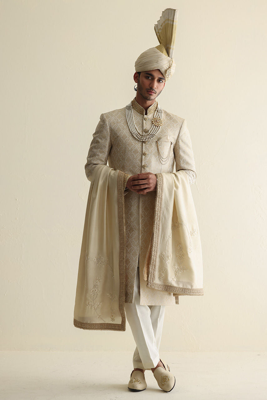Embroidered Jamawar Sherwani with Raw Silk Shawl & Atchison Turban