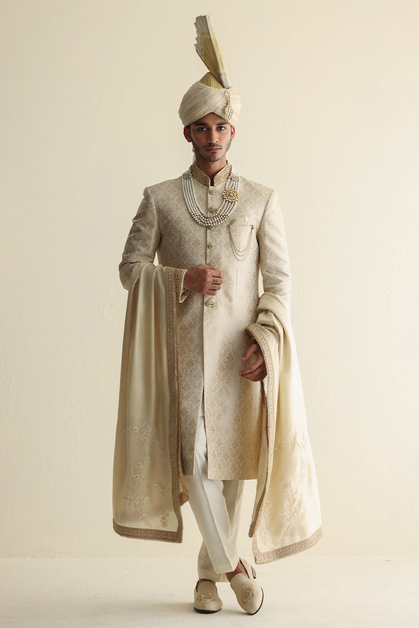 Embroidered Jamawar Sherwani with Raw Silk Shawl & Atchison Turban