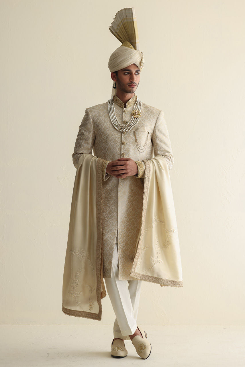 Embroidered Jamawar Sherwani with Raw Silk Shawl & Atchison Turban
