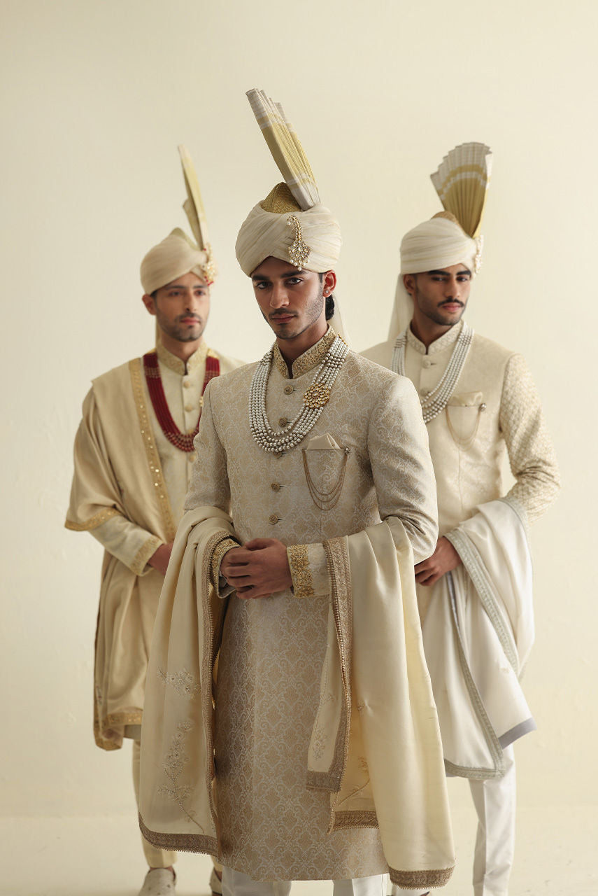 Embroidered Jamawar Sherwani with Raw Silk Shawl & Atchison Turban