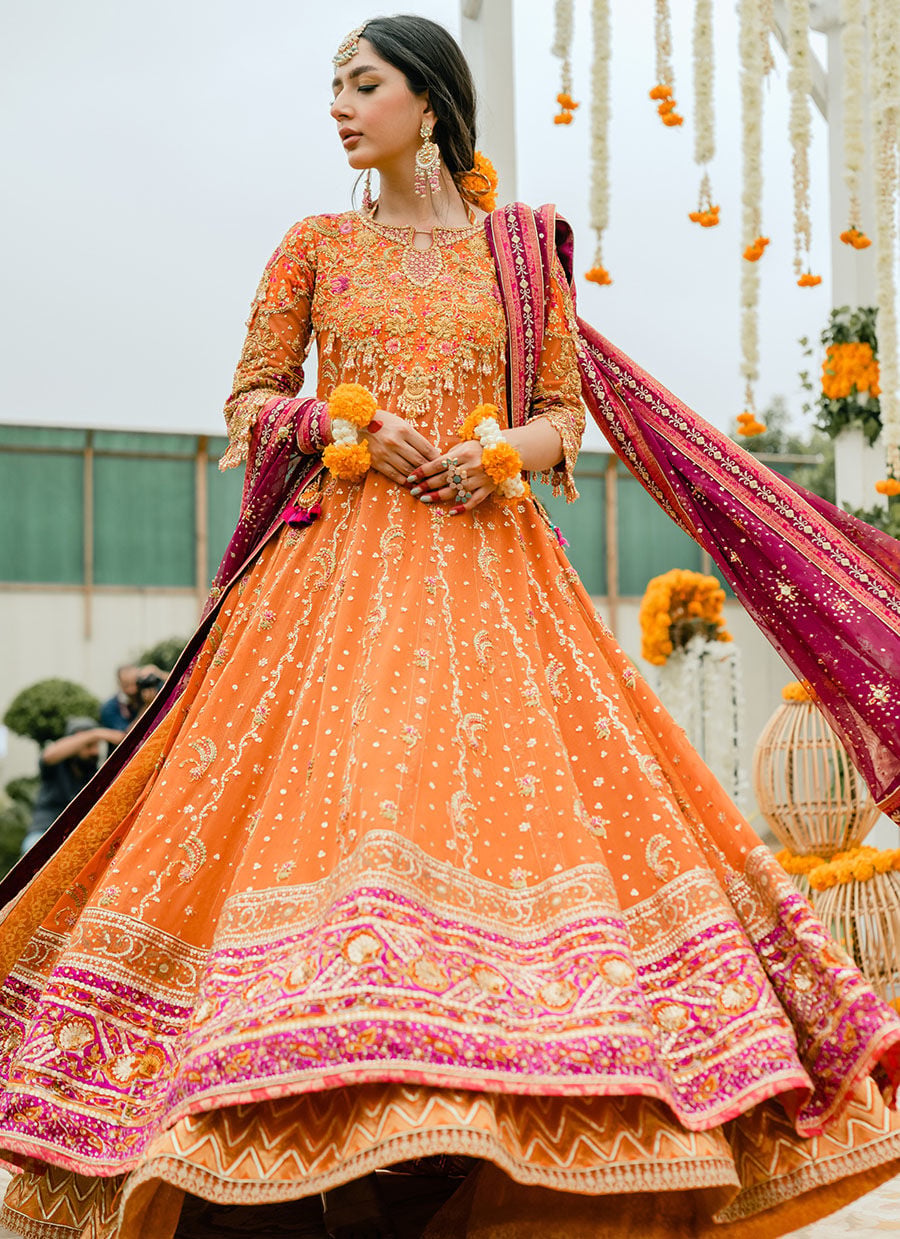 Burnt Orange Bridal Kalidaar Lehenga with Magenta Dupatta – Wedding Dress