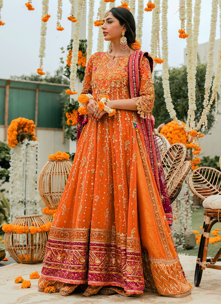 Burnt Orange Bridal Kalidaar Lehenga with Magenta Dupatta – Wedding Dress