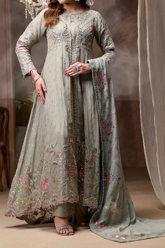 Grey Hand Embroidered Long Dress with Floral Detailing