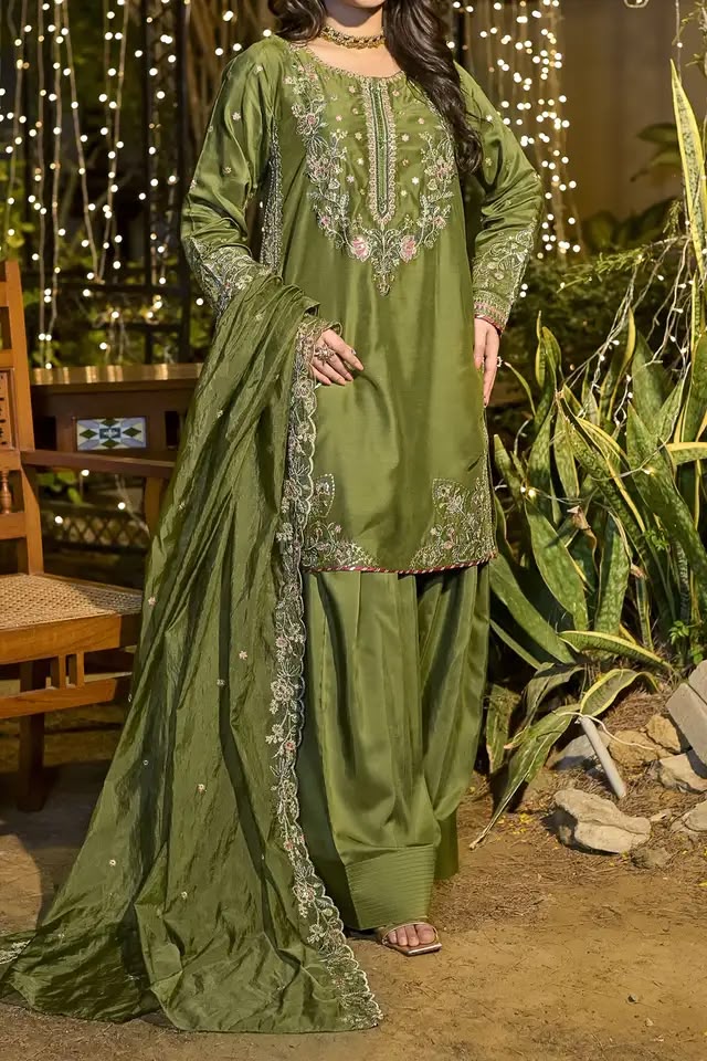 Elegant Olive Green Embroidered 3 Piece Suit for Women