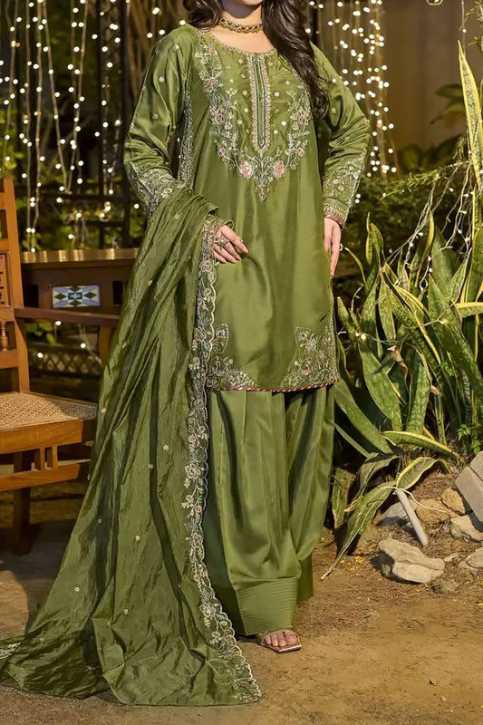 Elegant Olive Green Embroidered 3 Piece Suit for Women