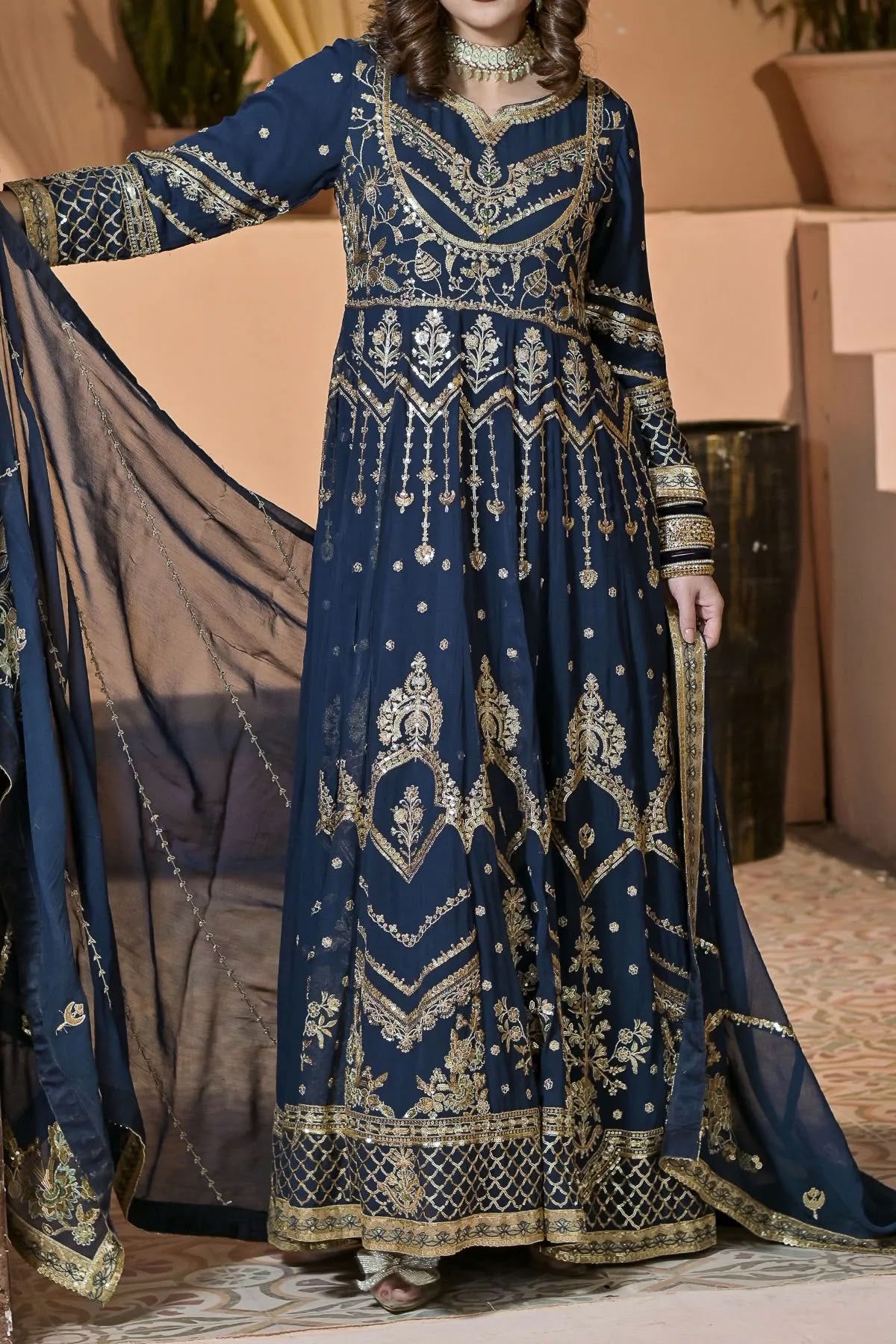 Blue Hand Embroidered Long Anarkali with Dupatta